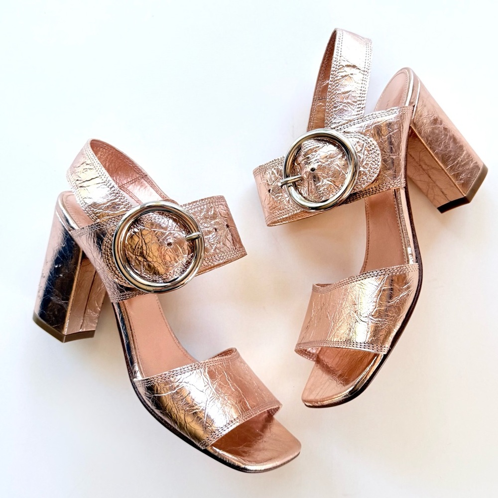 NWOB Dries Van Noten Metallic Rose Gold Pink Heeled Buckle Strap Sandals 38